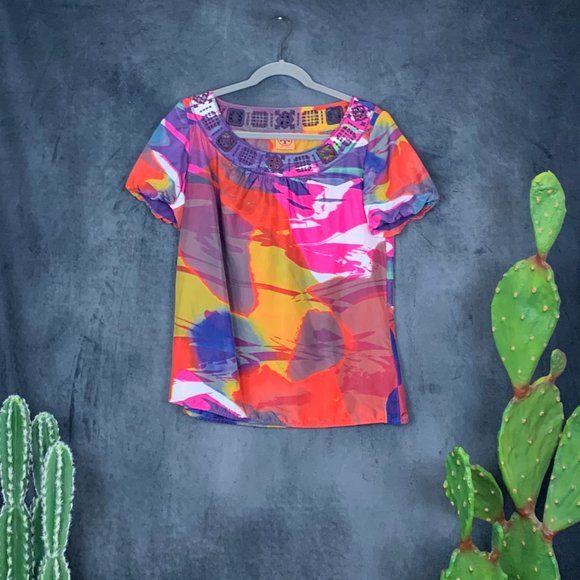 Tory Burch Silk Watercolor Blouse Top Short Sleeve